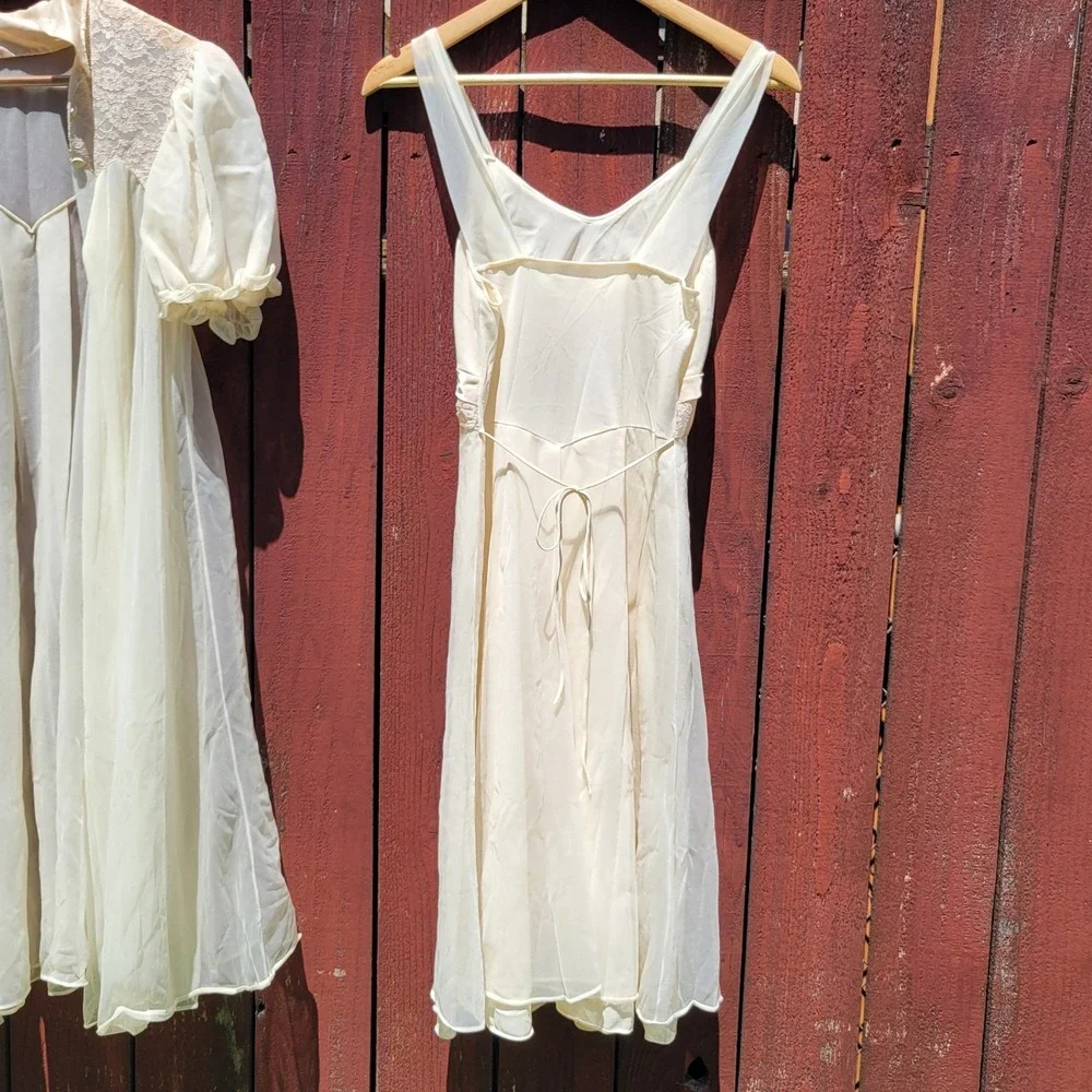 Vintage Seamprufe Peignoir Robe & Nightgown Set Ivory Chiffon Lace Detail Sz 34